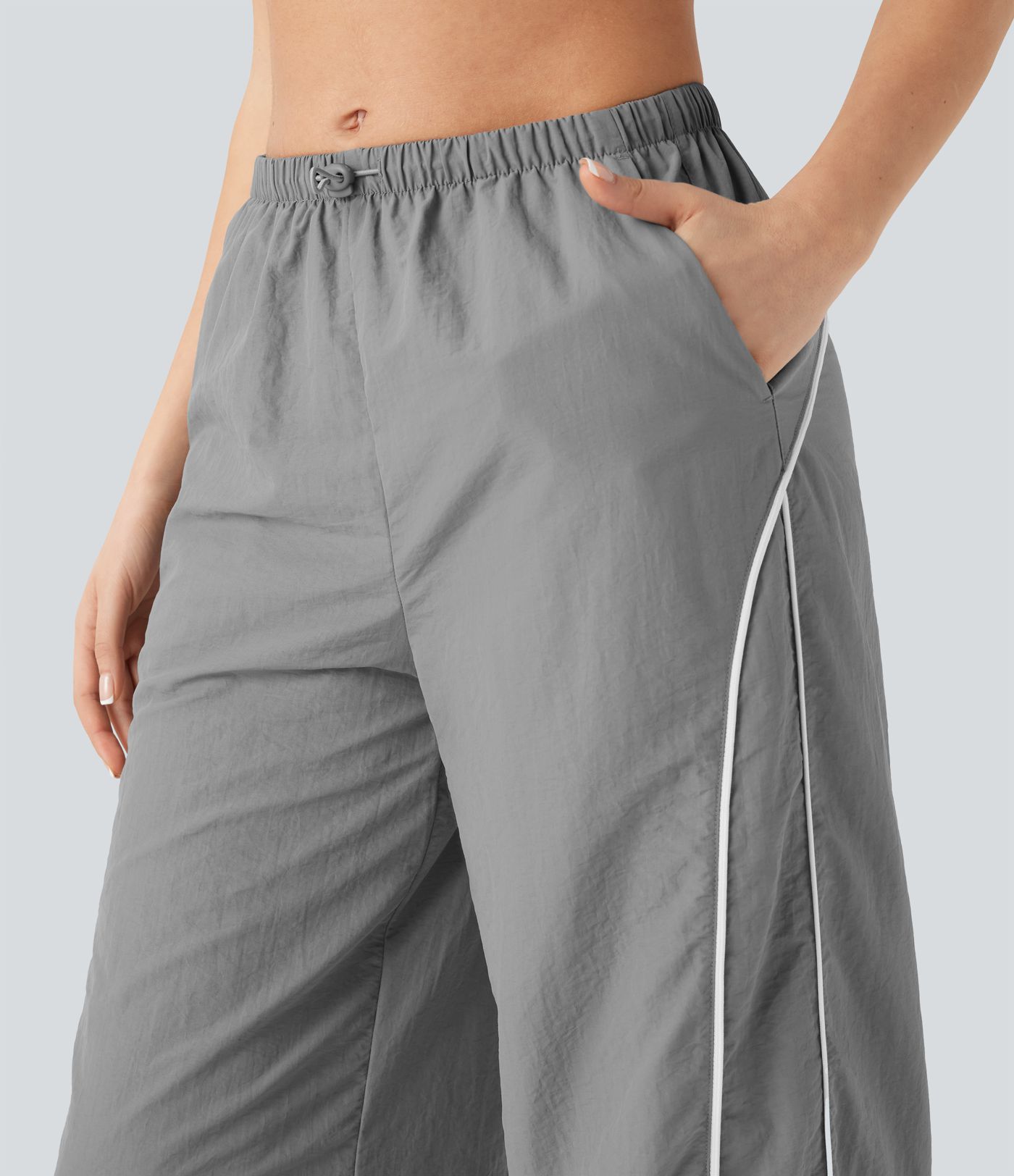 Pantalones casuales de tiro medio con cordón ajustable, pierna ancha y tacto fresco con bolsillos laterales