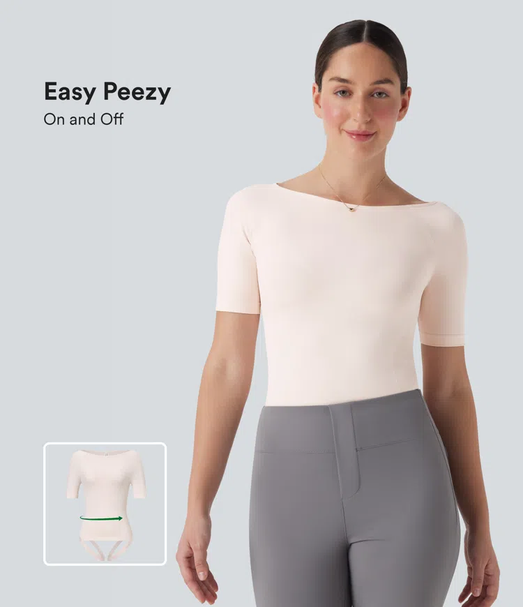 Seamless Flow Smoothing Boat Neck Adjustable Leg Straps Work Bodysuit-Easy Peezy