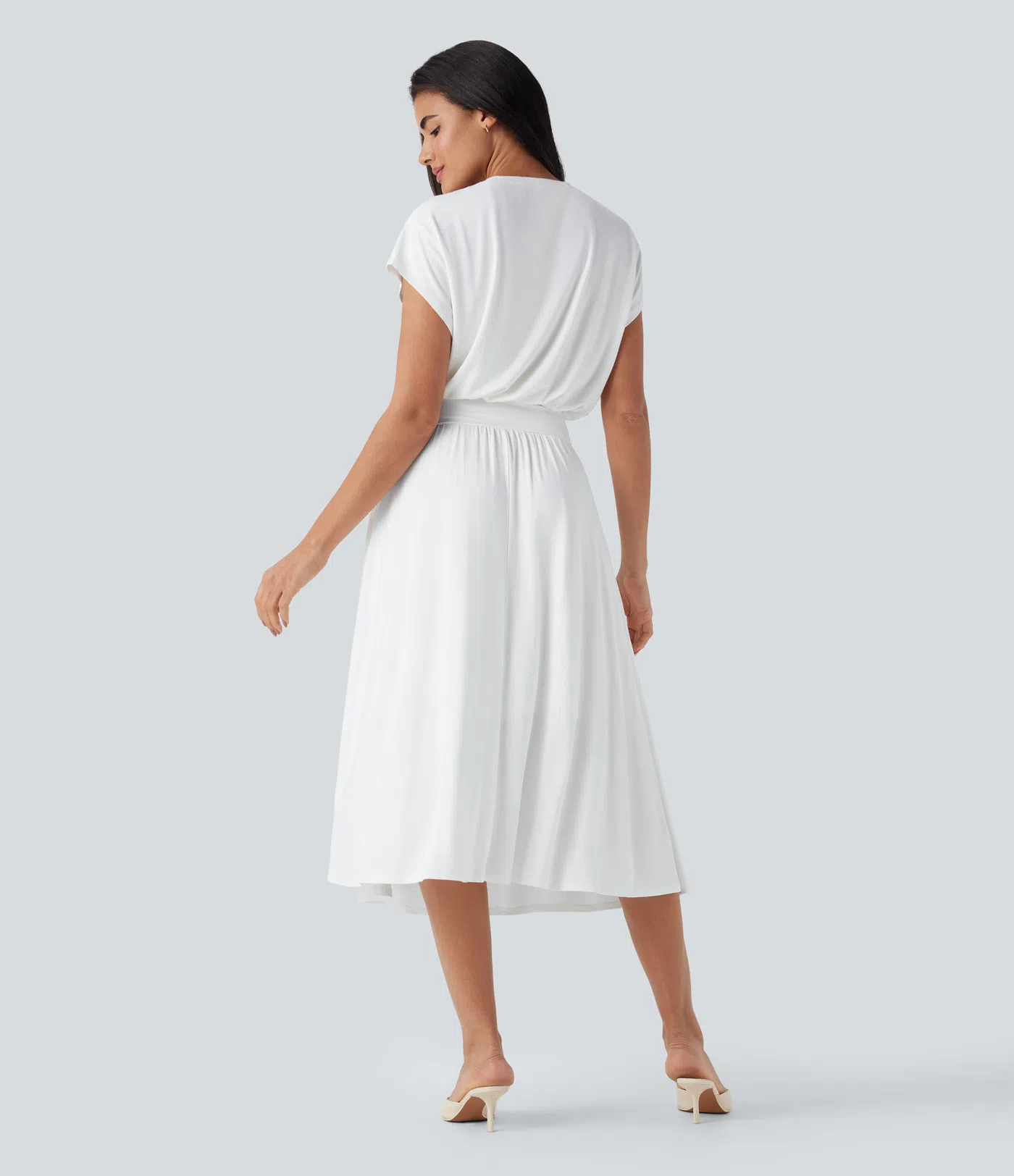 SoCinched Tummy Control Batwing Sleeve Flowy Midi Work Dress with Pockets