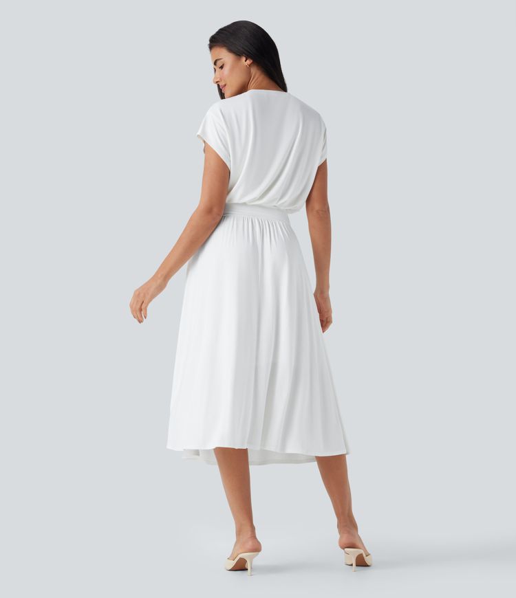 SoCinched Tummy Control Batwing Sleeve Flowy Midi Work Dress with Pockets