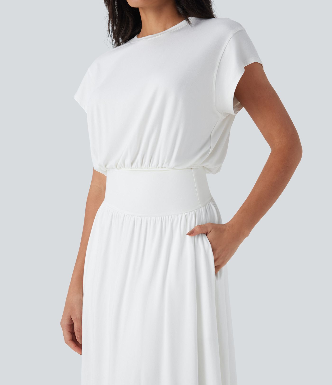 Tummy Control Batwing Sleeve Flowy Midi Work Dress with Pockets