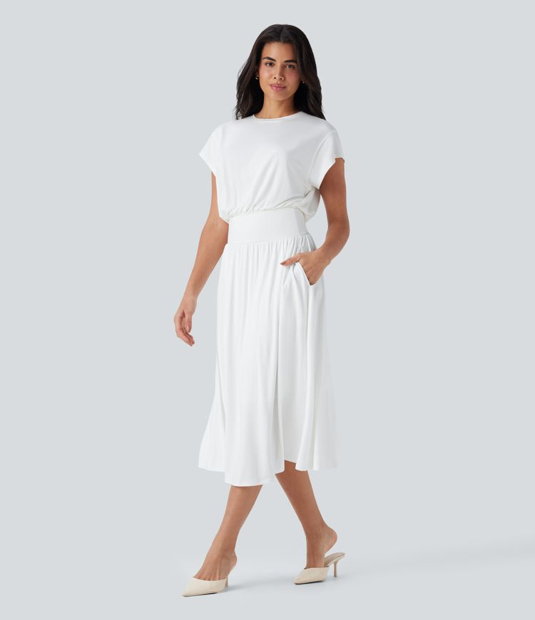 SoCinched Tummy Control Batwing Sleeve Flowy Midi Work Dress with Pockets