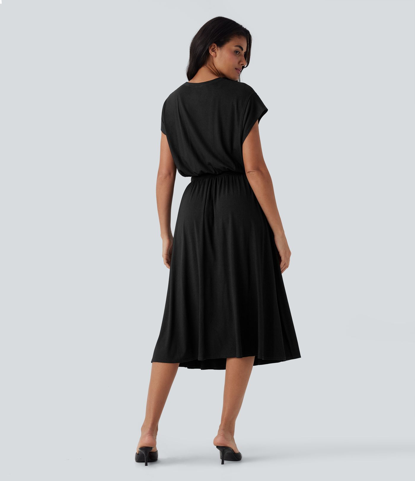 Tummy Control Batwing Sleeve Flowy Midi Work Dress with Pockets