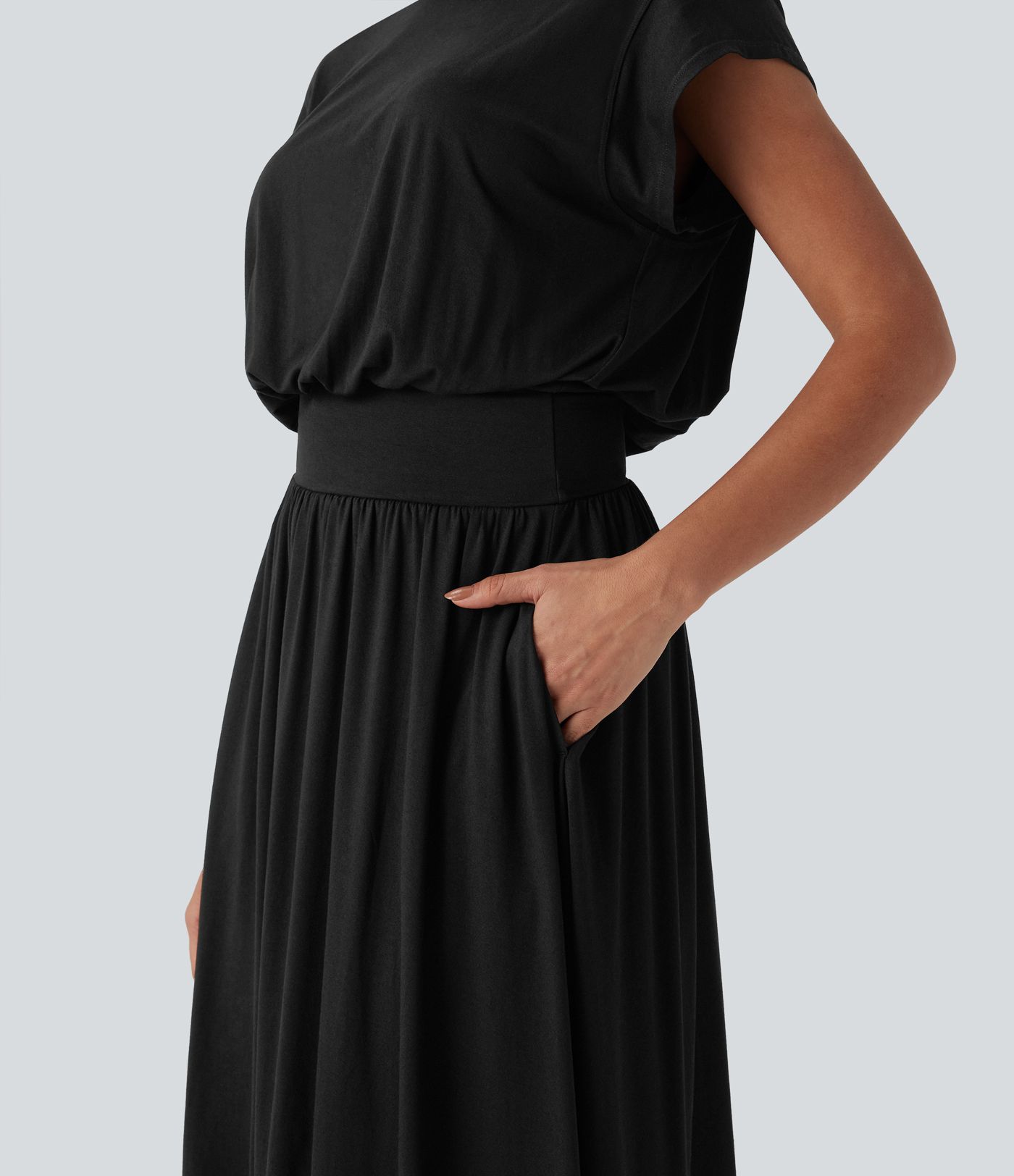 Tummy Control Batwing Sleeve Flowy Midi Work Dress with Pockets