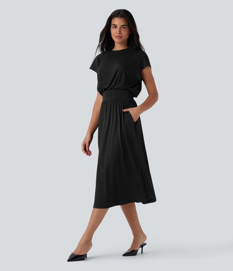 SoCinched Tummy Control Batwing Sleeve Flowy Midi Work Dress with Pockets