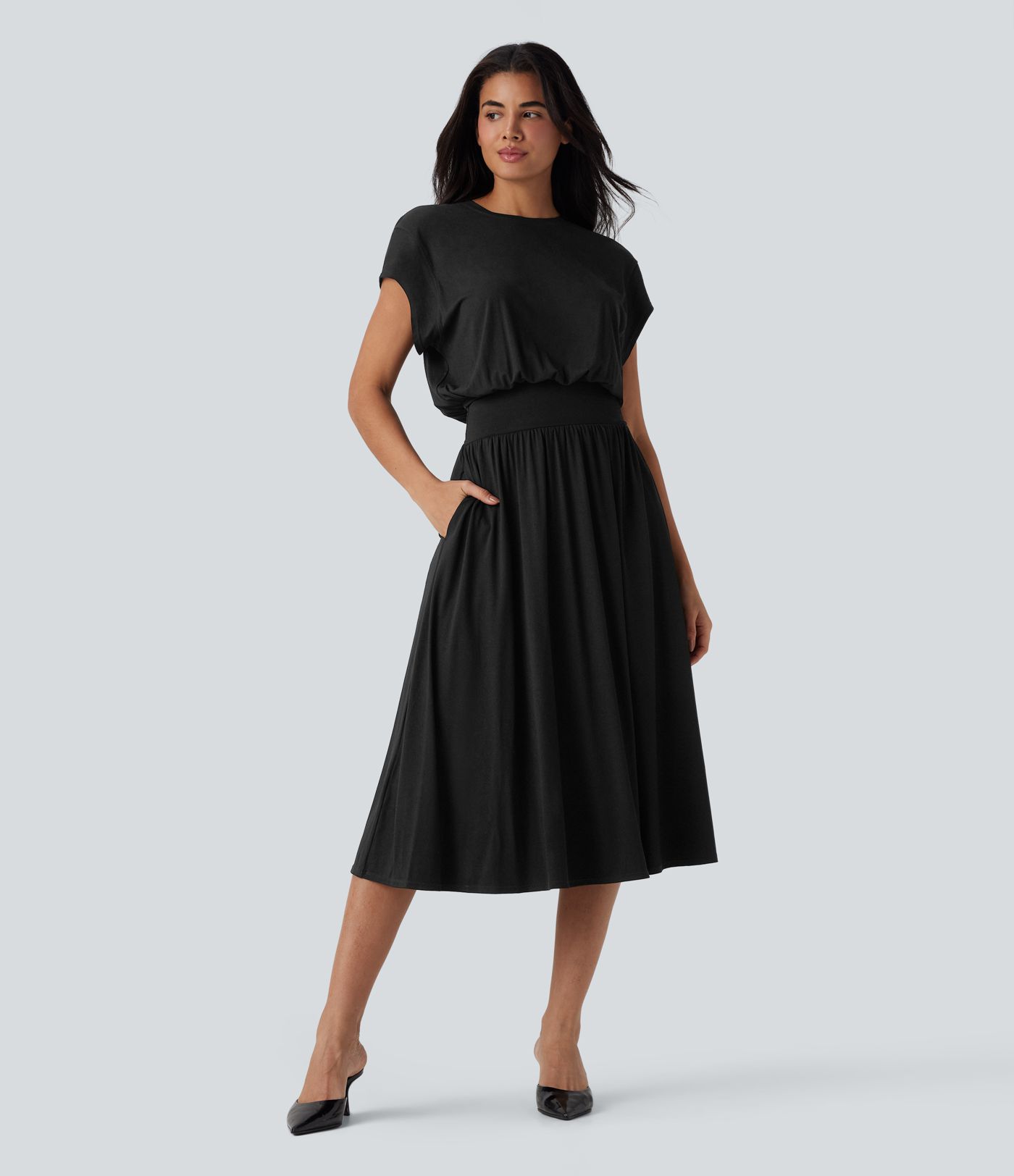 Tummy Control Batwing Sleeve Flowy Midi Work Dress with Pockets