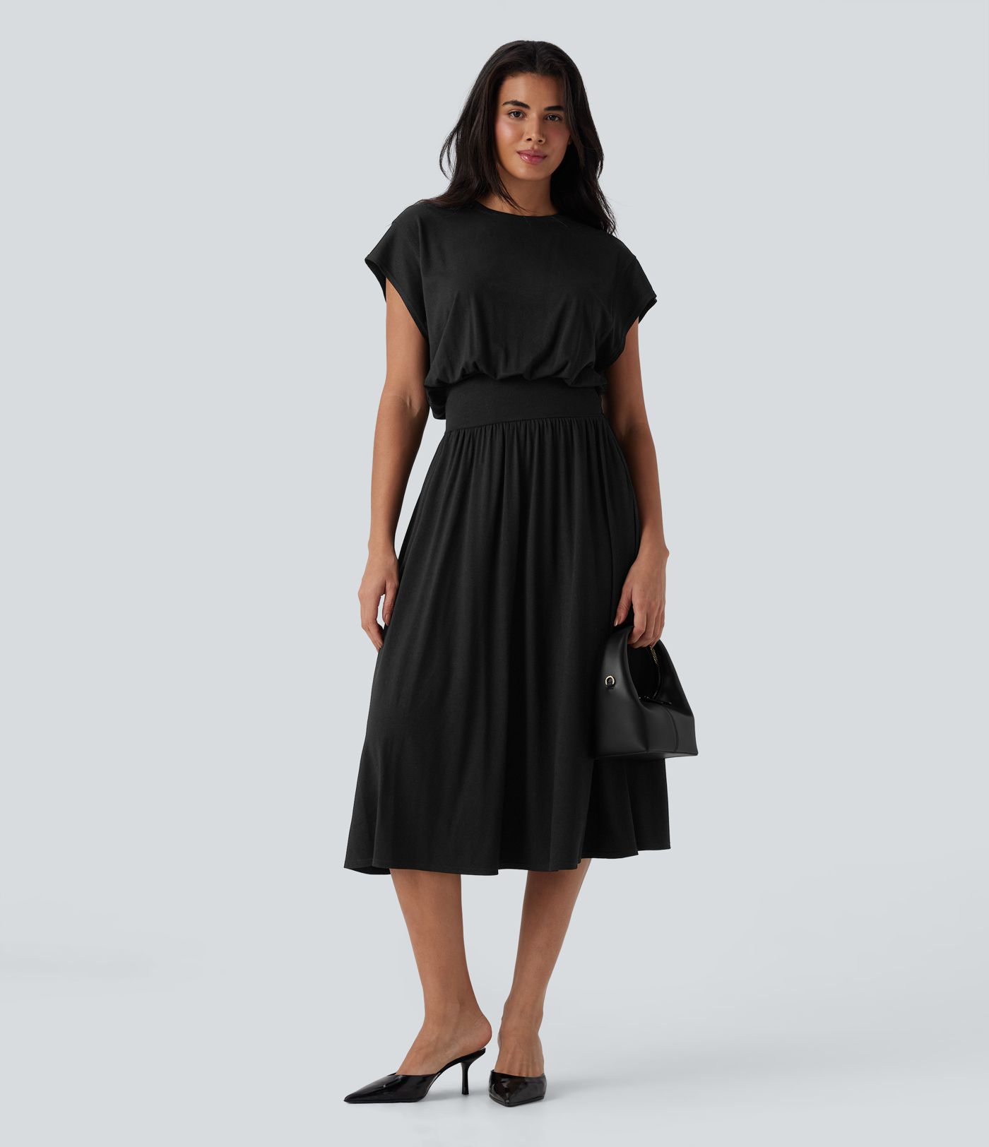 Tummy Control Batwing Sleeve Flowy Midi Work Dress with Pockets