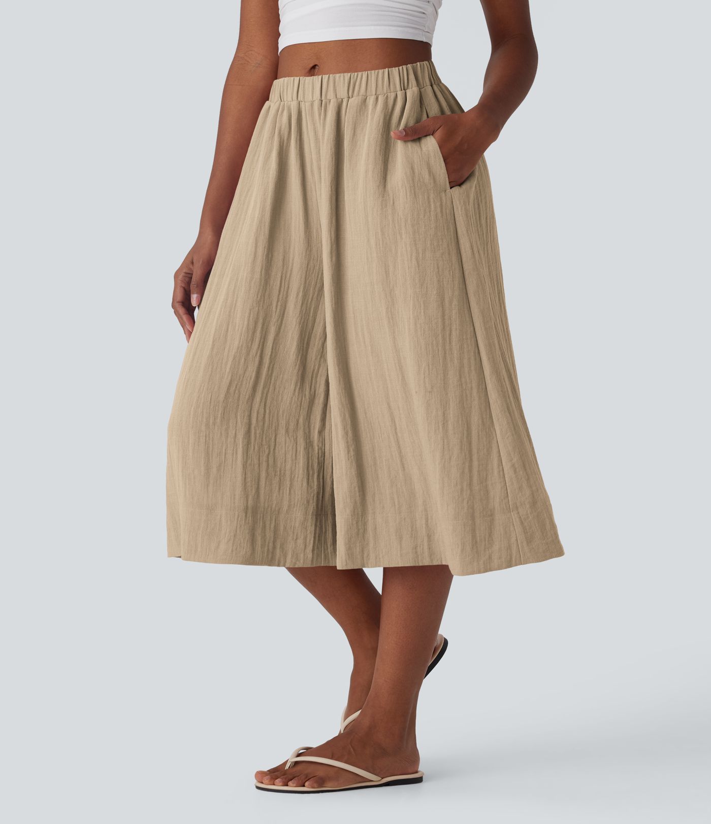 Mid Rise Women Wide Leg Baggy Flowy Linen-Feel Pants with Pocket