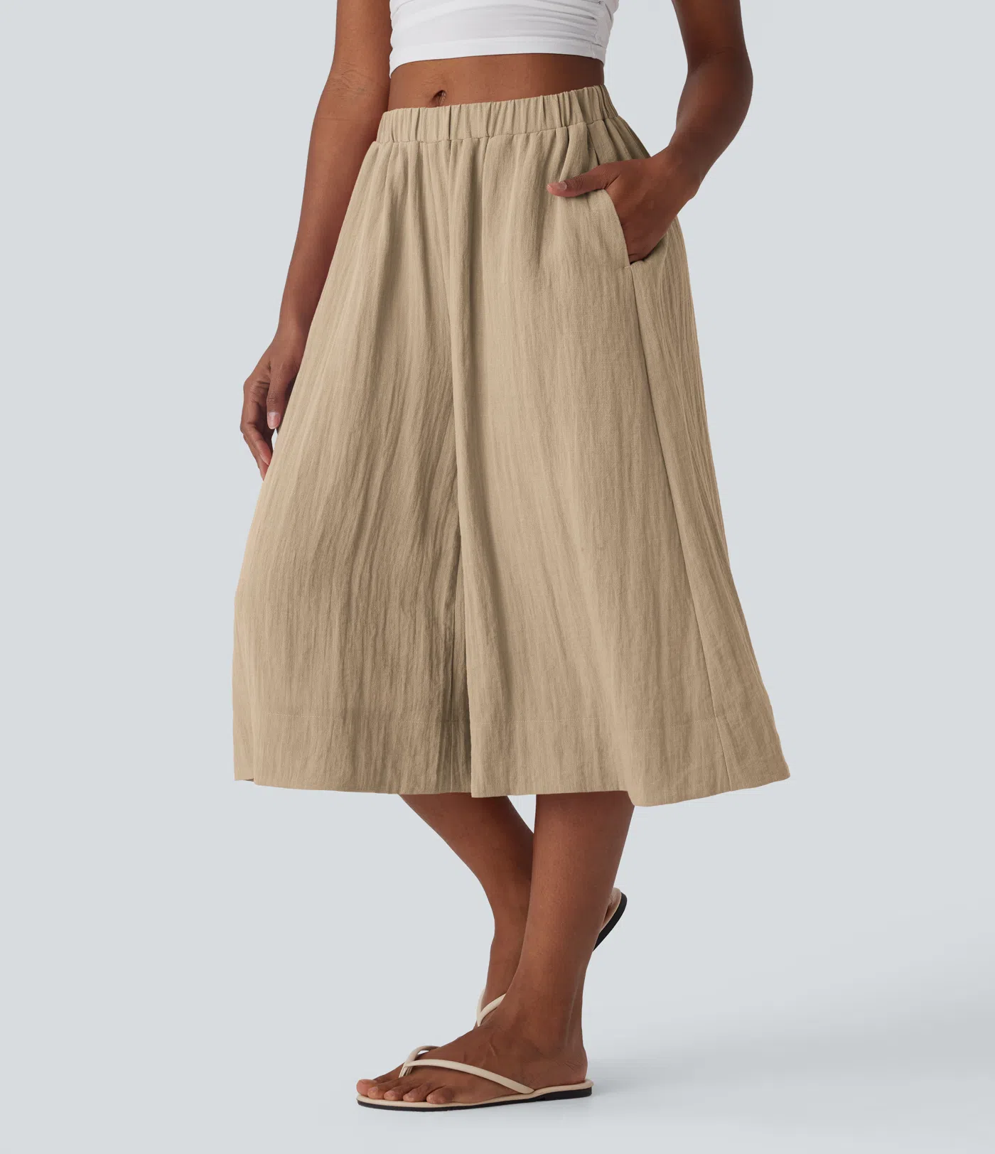 Mid Rise Wide Leg Flowy Resort Linen-Feel Pants with Side Pocket