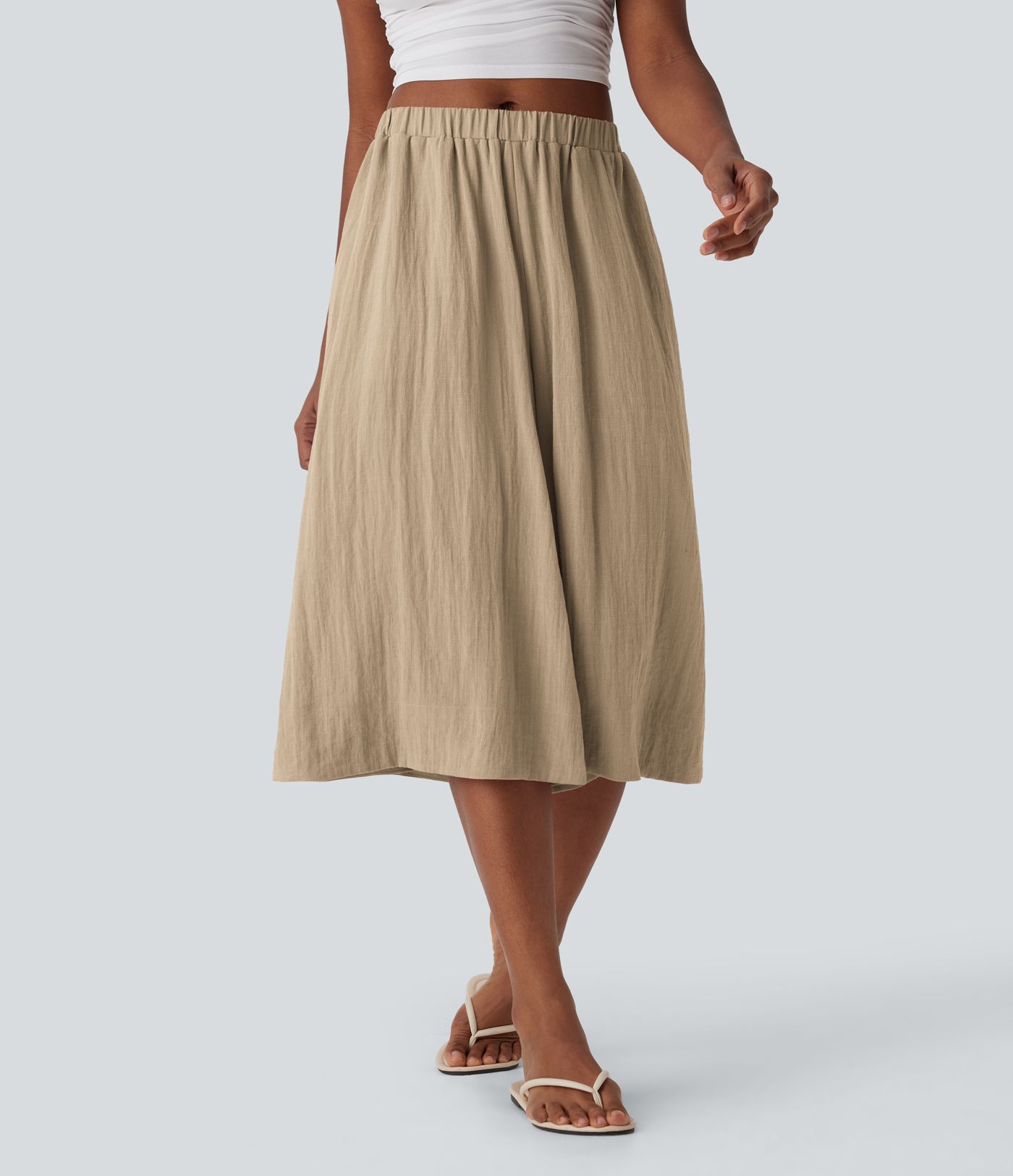 Mid Rise Women Wide Leg Baggy Flowy Linen-Feel Pants with Pocket