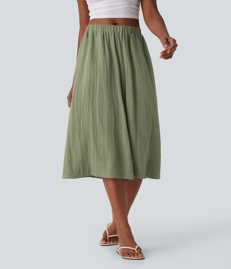 Mid Rise Wide Leg Flowy Linen-Feel Pants with Pocket