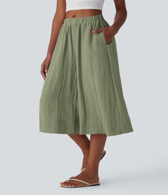 Mid Rise Wide Leg Flowy Linen-Feel Pants with Pocket