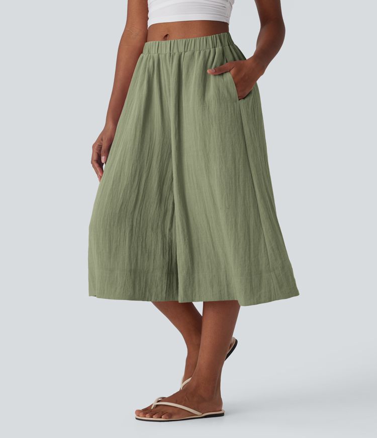 Mid Rise Wide Leg Flowy Linen-Feel Pants with Pocket