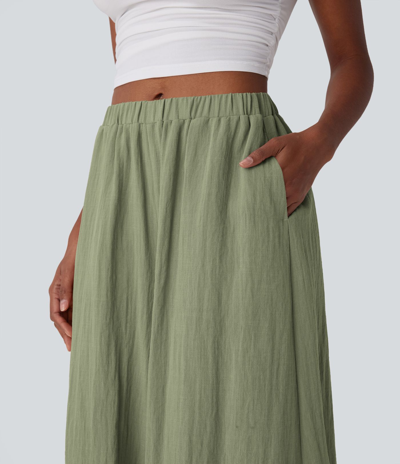 Mid Rise Wide Leg Flowy Linen-Feel Pants with Pocket
