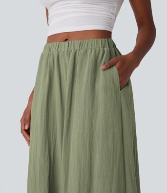 Mid Rise Wide Leg Flowy Linen-Feel Pants with Pocket
