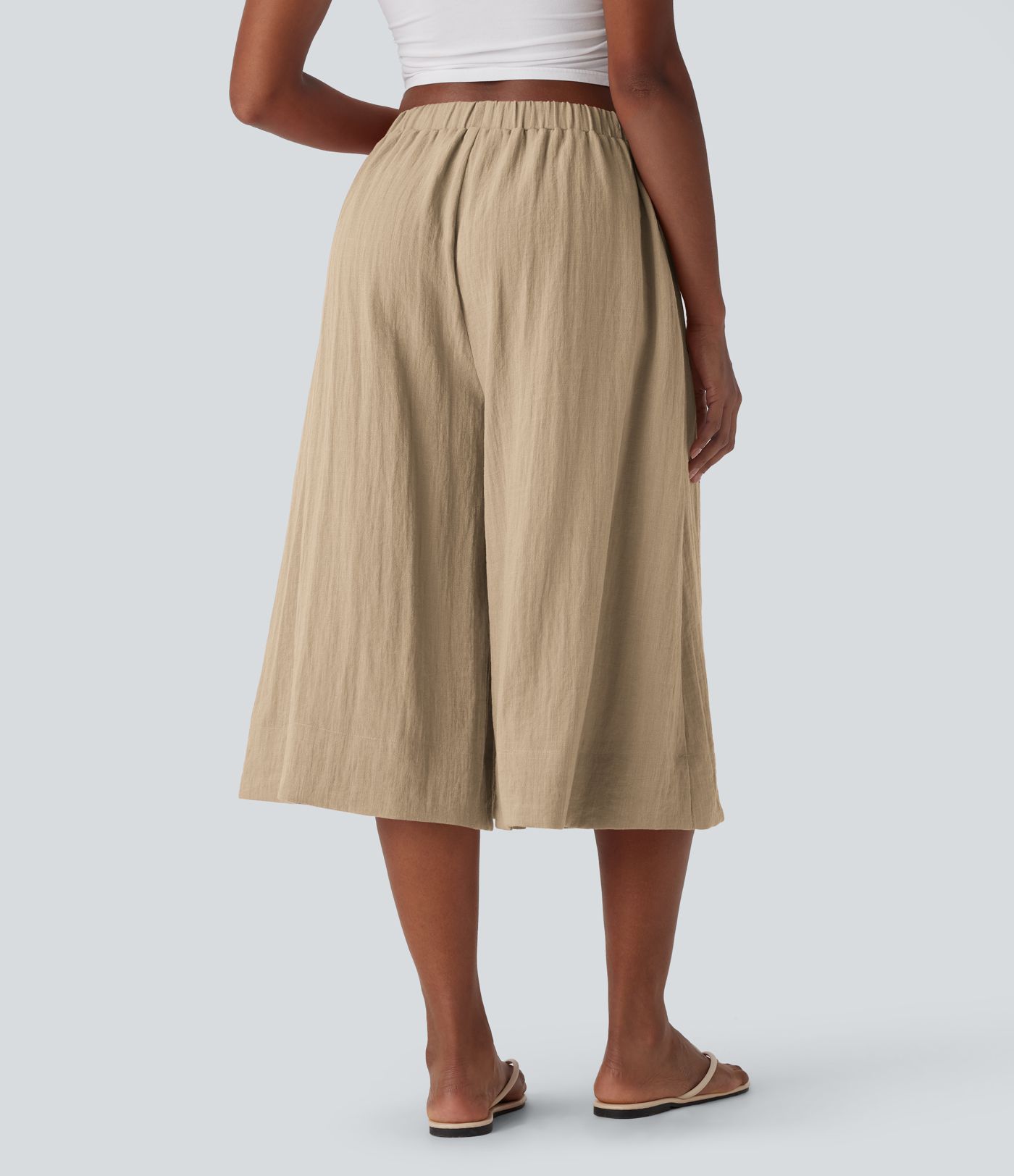 Mid Rise Women Wide Leg Baggy Flowy Linen-Feel Pants with Pocket