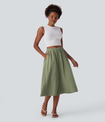 Mid Rise Wide Leg Flowy Linen-Feel Pants with Pocket