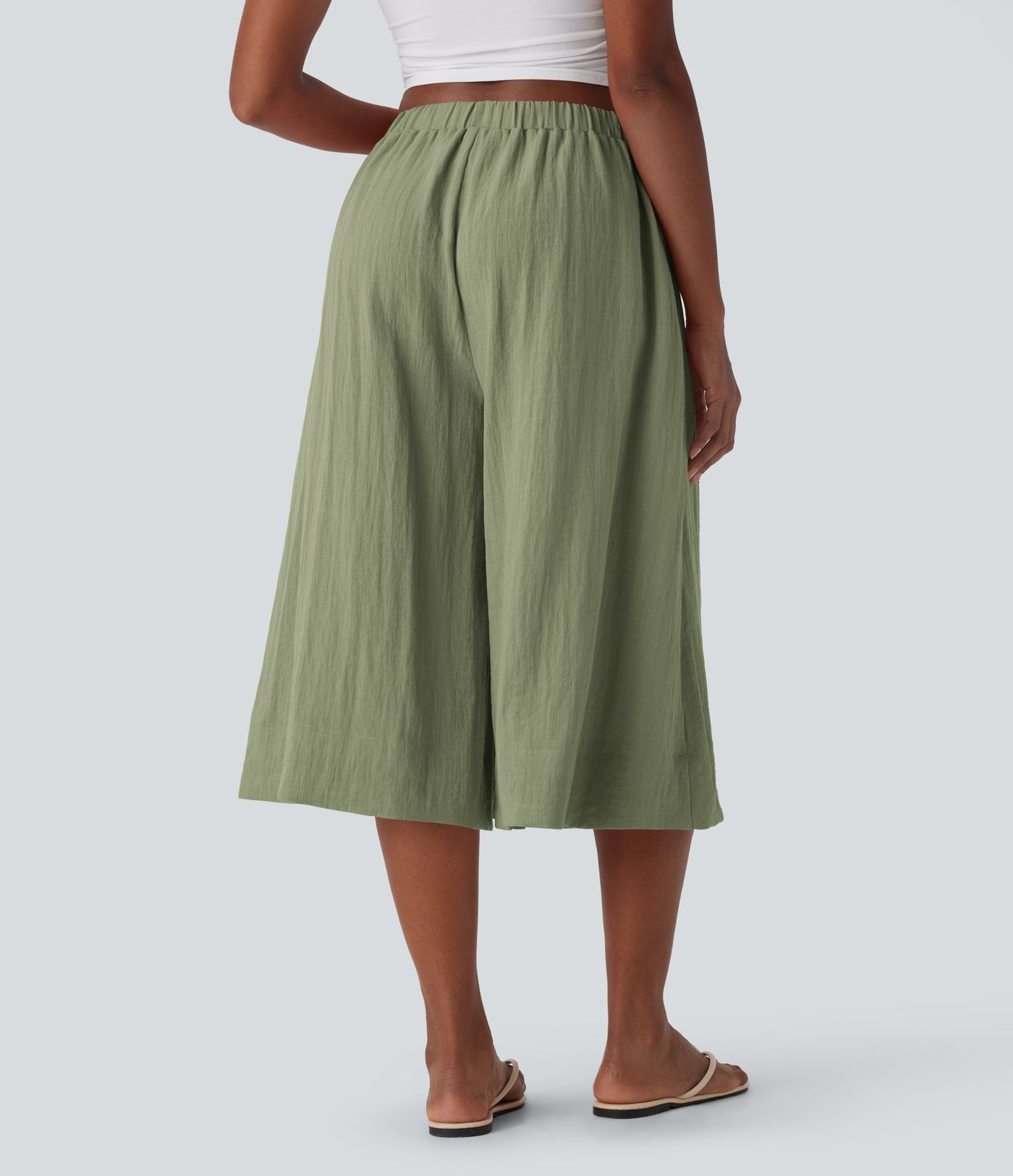 Mid Rise Wide Leg Flowy Linen-Feel Pants with Pocket