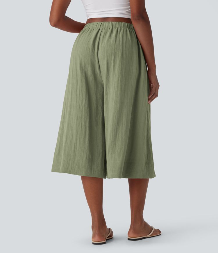 Mid Rise Wide Leg Flowy Linen-Feel Pants with Pocket