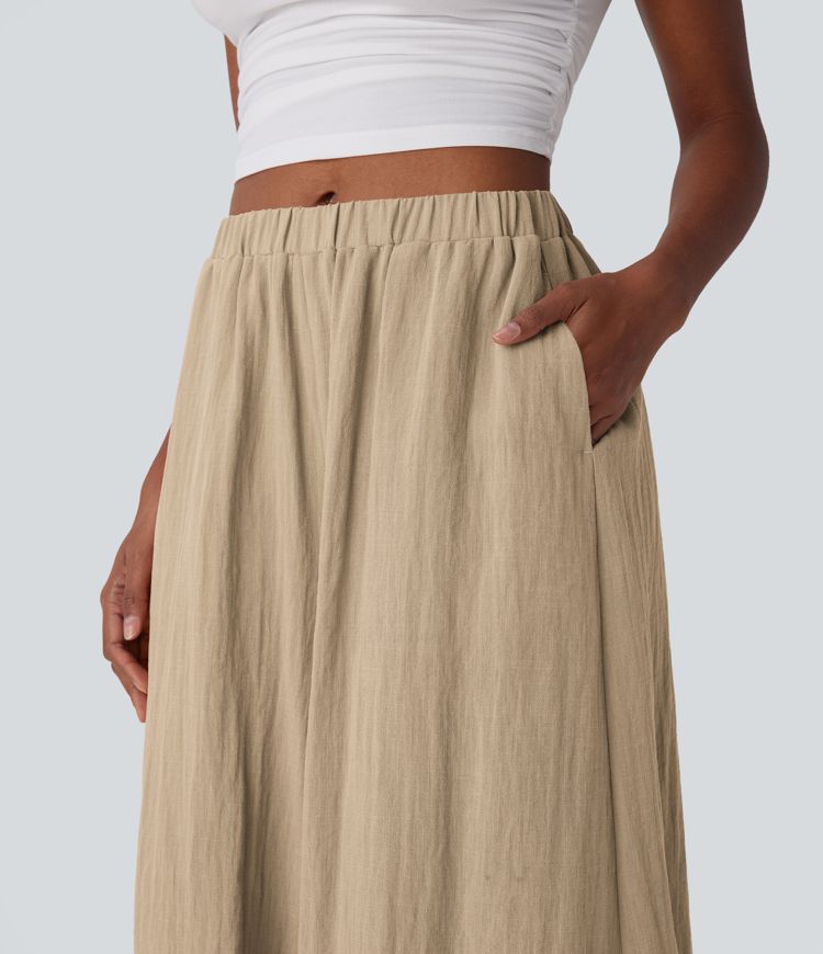 Mid Rise Women Wide Leg Baggy Flowy Linen-Feel Pants with Pocket