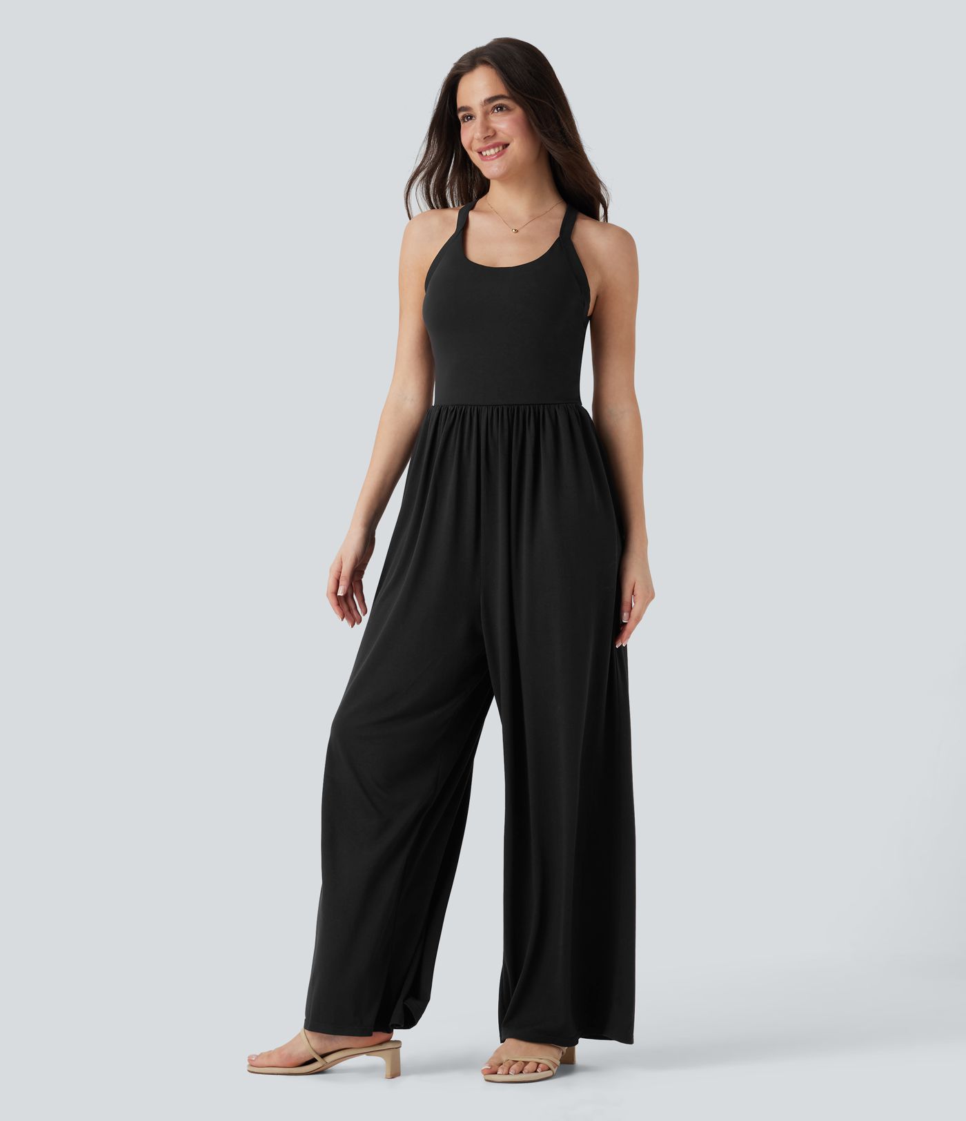 Combinaison décontractée dos nu torsadée large fluide avec brassière intégrée et poches - Easy Peasy Edition