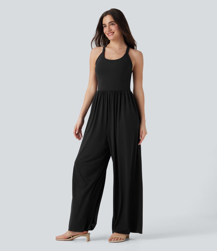 Backless Twisted Built-in Bra Wide Leg Casual Jumpsuit with Pockets-Easy Peezy Edition
