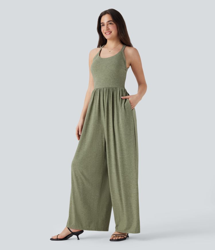 Backless Twisted Built-in Bra Wide Leg Casual Jumpsuit with Pockets-Easy Peezy Edition