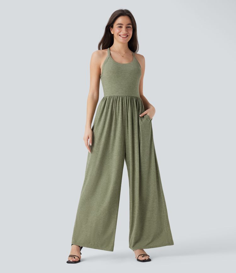 Backless Twisted Built-in Bra Wide Leg Casual Jumpsuit with Pockets-Easy Peezy Edition