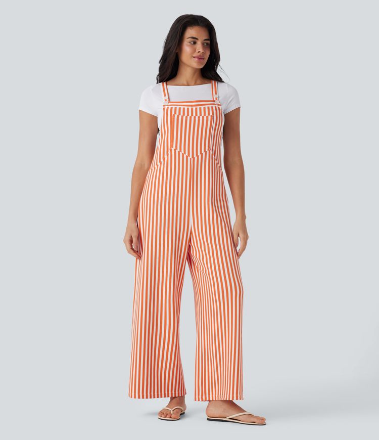Pockets Stripe Waffle Overalls