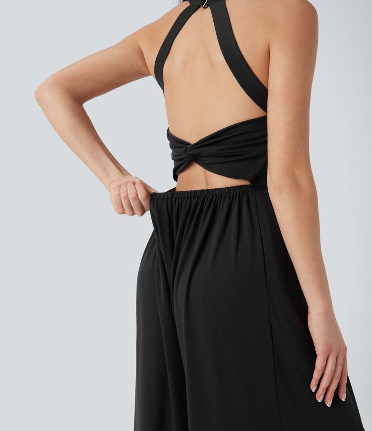 Backless Twisted Built-in Bra Wide Leg Casual Jumpsuit with Pockets-Easy Peezy Edition