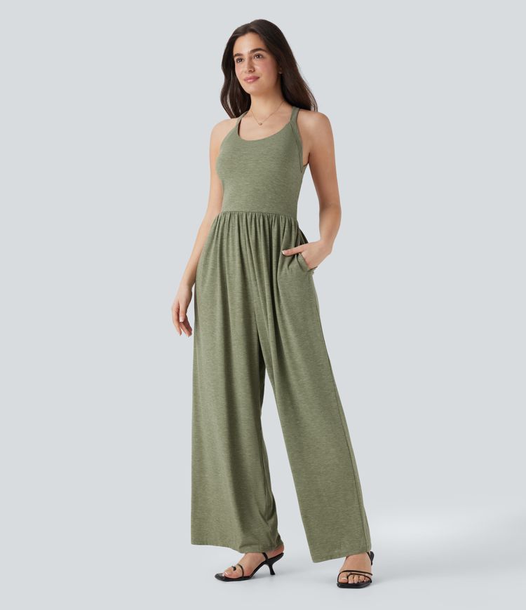 Combinaison Décontractée à Jambes Larges avec Soutien-Gorge Intégré et Poches - Édition Facile