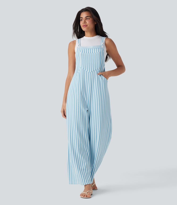 Pockets Stripe Waffle Overalls