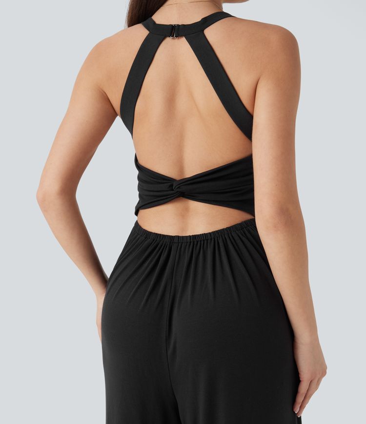 Combinaison décontractée dos nu torsadée large fluide avec brassière intégrée et poches - Easy Peasy Edition