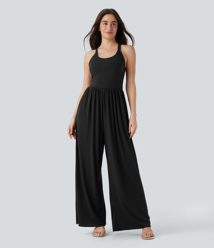 Backless Twisted Built-in Bra Wide Leg Casual Jumpsuit with Pockets-Easy Peezy Edition