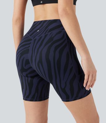 High Waisted Tummy Control Zebra Print Training Biker Shorts 7'' with Pockets