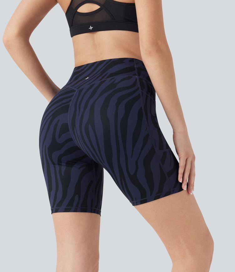 High Waisted Tummy Control Zebra Print Training Biker Shorts 7'' with Pockets