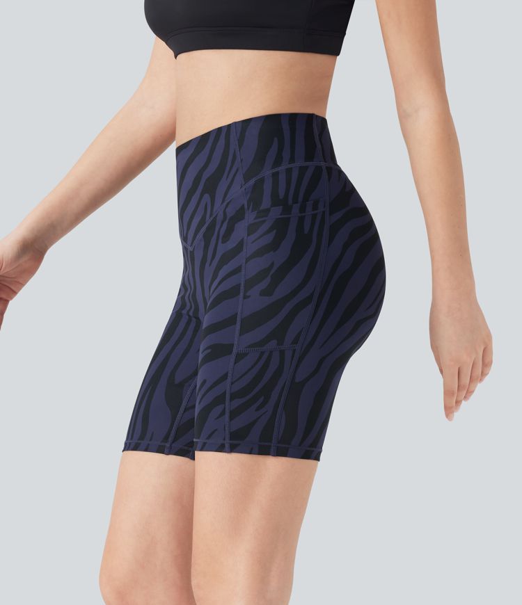 High Waisted Tummy Control Zebra Print Training Biker Shorts 7'' with Pockets