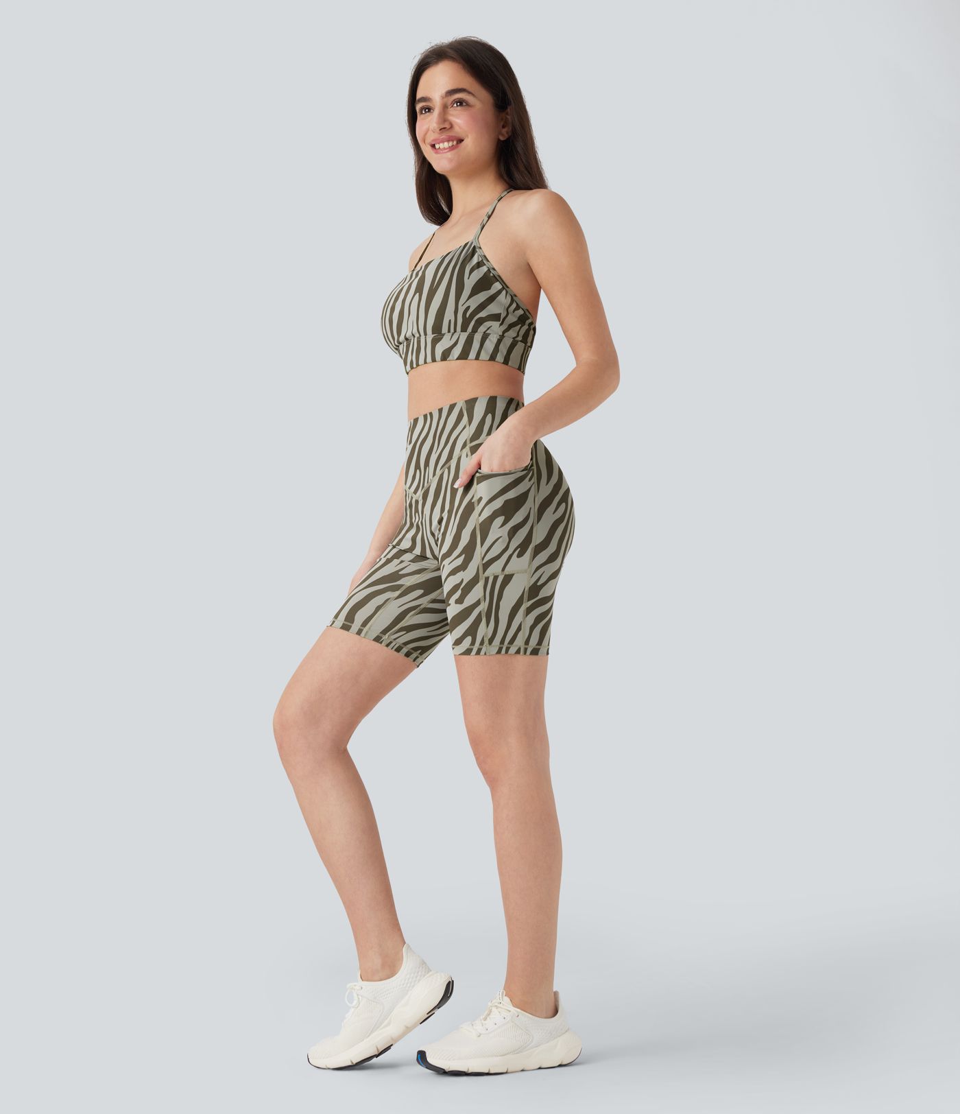 High Waisted Tummy Control Zebra Print Training Biker Shorts 7'' with Pockets