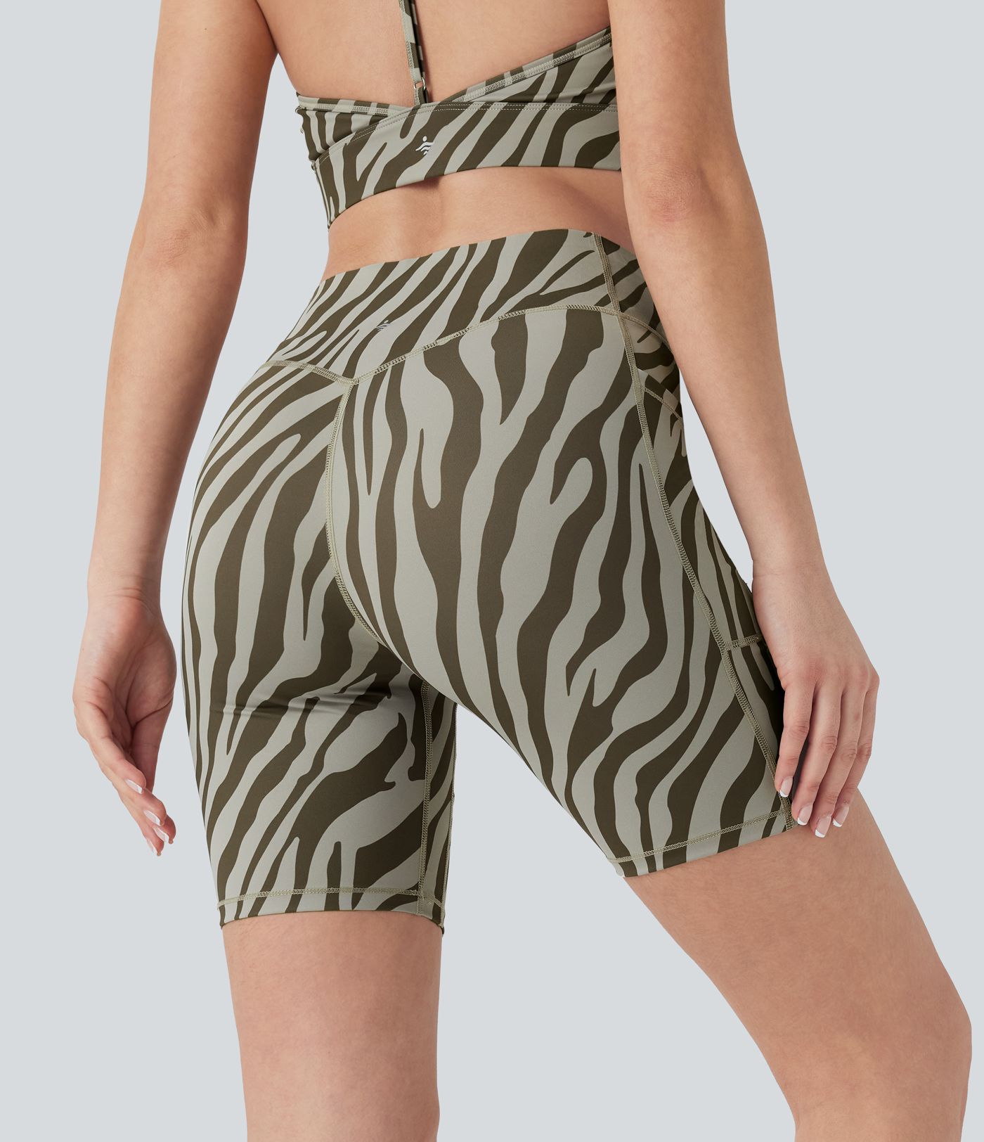 High Waisted Tummy Control Zebra Print Training Biker Shorts 7'' with Pockets