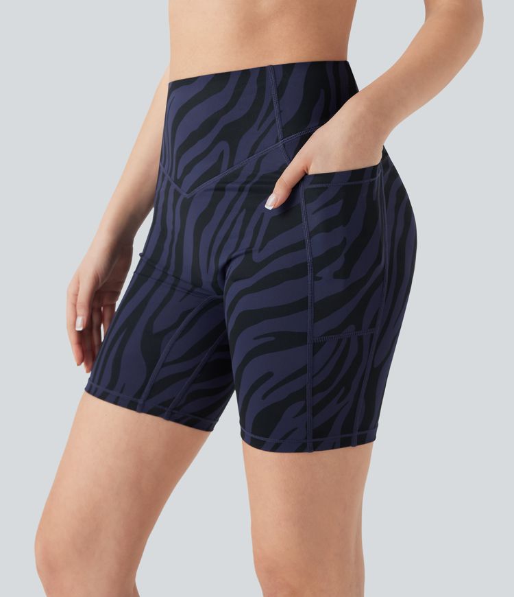 High Waisted Tummy Control Zebra Print Training Biker Shorts 7'' with Pockets
