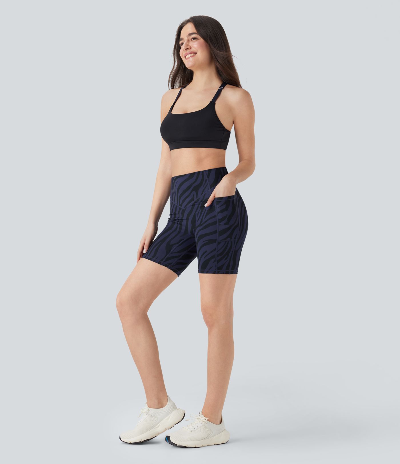 High Waisted Tummy Control Zebra Print Training Biker Shorts 7'' with Pockets