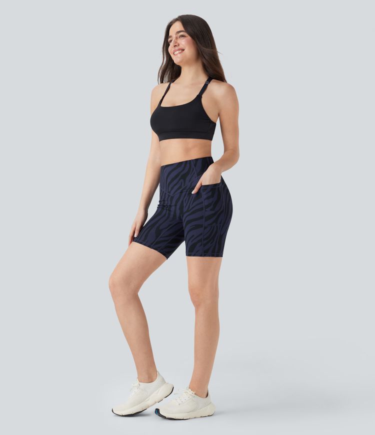 High Waisted Tummy Control Zebra Print Training Biker Shorts 7'' with Pockets