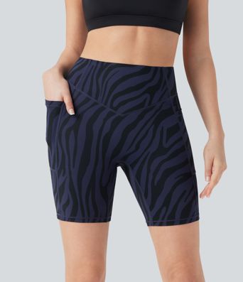 High Waisted Tummy Control Zebra Print Training Biker Shorts 7'' with Pockets