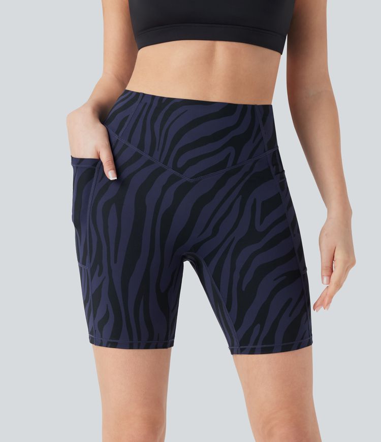 High Waisted Tummy Control Zebra Print Training Biker Shorts 7'' with Pockets