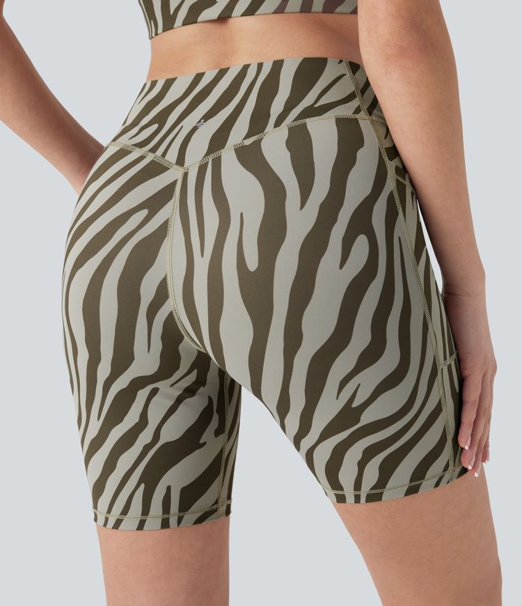 High Waisted Tummy Control Zebra Print Training Biker Shorts 7'' with Pockets