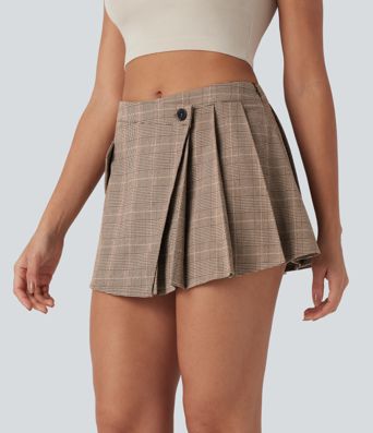 Mid Rise Pleated 2-Piece Houndstooth Mini Casual Skirt with Pockets