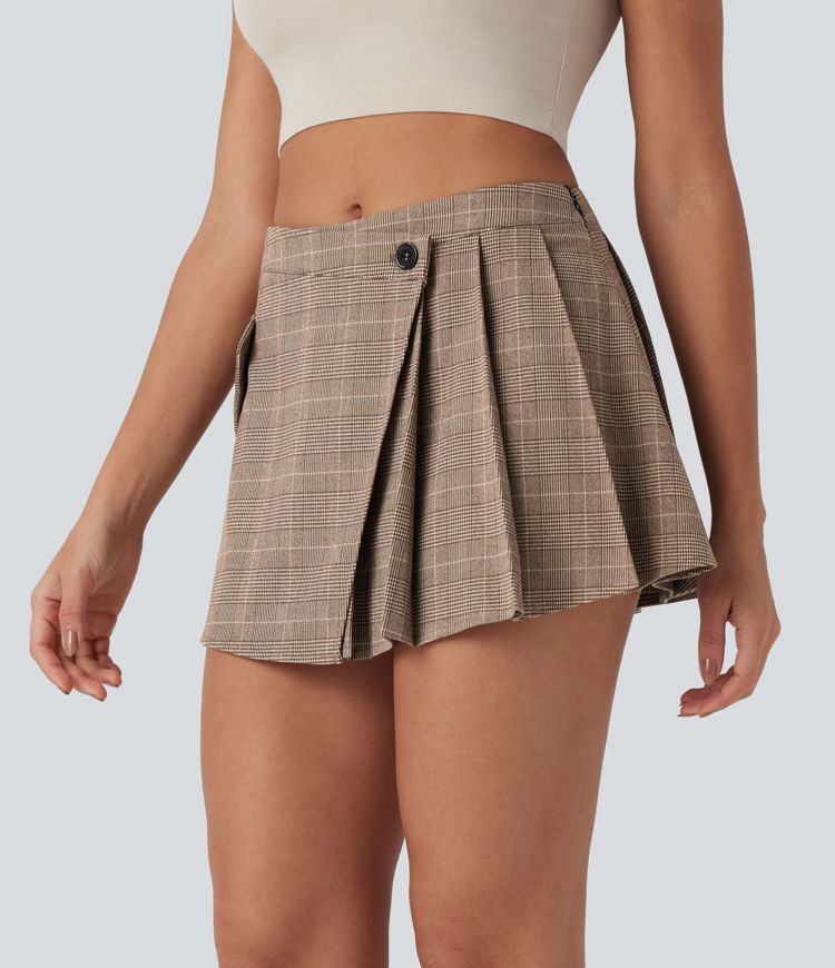 Mid Rise Pleated 2-Piece Houndstooth Mini Casual Skirt with Pockets