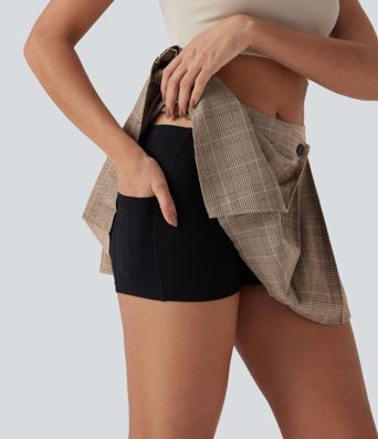 Mid Rise Pleated 2-Piece Houndstooth Mini Casual Skirt with Pockets
