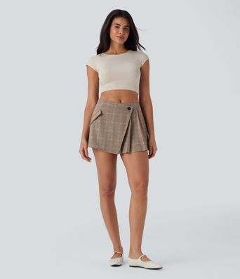 Mid Rise Pleated 2-Piece Houndstooth Mini Casual Skirt with Pockets