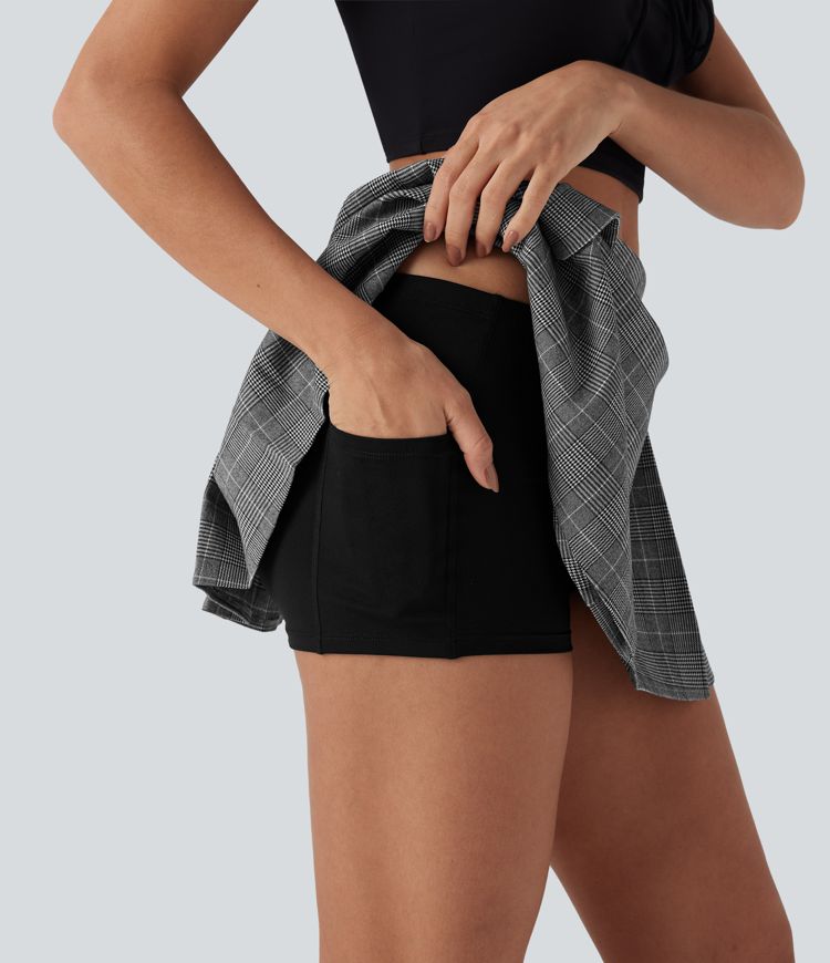 Mittelhoher, plissierter, zweiteiliger Mini-Freizeitrock mit Hahnentrittmuster und Seitentaschen